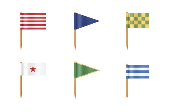 Six small toothpick flags with varied patterns and colors on wooden sticks isolated on white