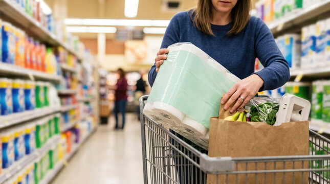 Woman Shopping for Household Essentials and Groceries in Supermarket Aisle