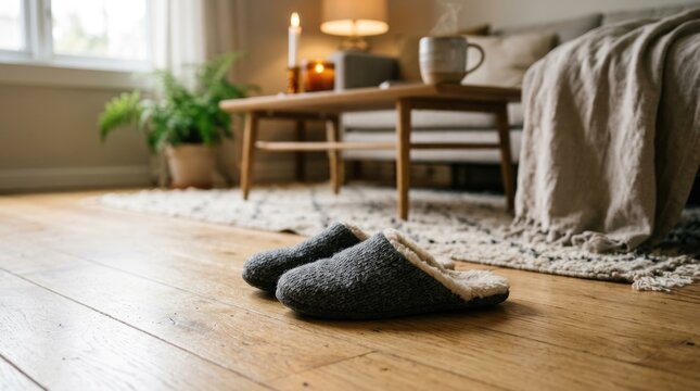 Cozy Slippers on Wooden Floor in Warm and Comfortable Living Room Interior