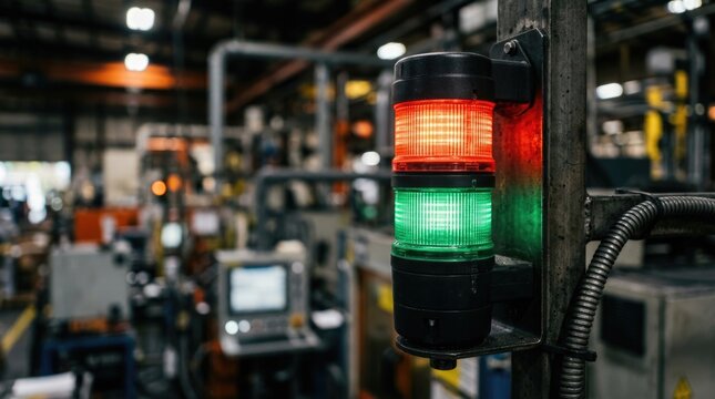 Red and Green Industrial Signal Tower Light on Factory Production Floor