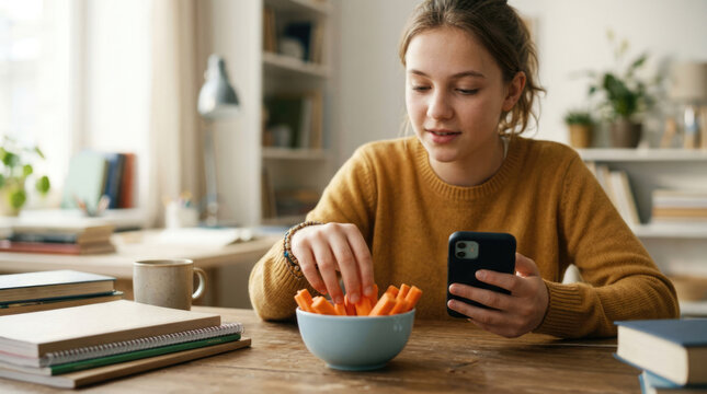 Teenage Girl Eating Healthy Carrot Sticks While Using Smartphone at Home Study Desk