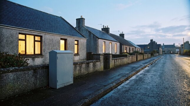 Grey Street Cabinet for Fibre Network on Village Pavement at Dusk