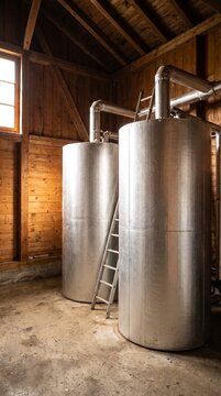 Tall Insulated Heat Storage Tanks in Wood Chip Heating Plant, Vertical Format