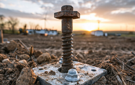 Infrastructure development and construction site, heavy metal screw jack support for building foundation on a rural land plot at sunset