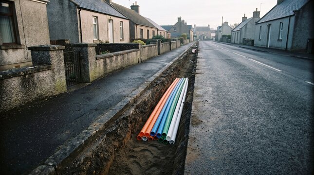 Coloured Fibre Optic Microducts Laid in Narrow Trench Along Village Street