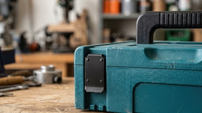 Durable Plastic Tool Case with Handle on Wooden Workbench in Professional Workshop