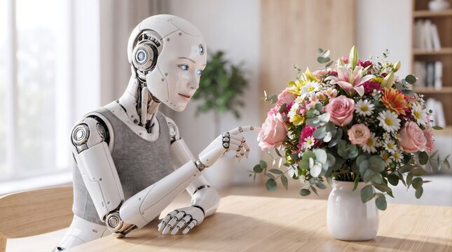Humanoid robot pointing at a colorful bouquet of flowers on a table