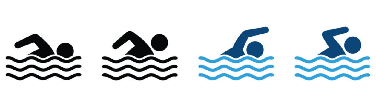Swimming icon set featuring symbols for swimming activities, pool sports, training, fitness, recreation and summer vacations. 