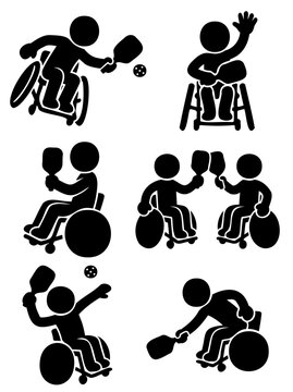 Wheelchair pickleball icon set featuring adaptive sports stick figures with paddles balls and inclusive athlete silhouettes