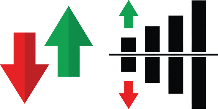 Conceptual illustration showing red and green arrows alongside bar charts representing financial growth and market decline trends