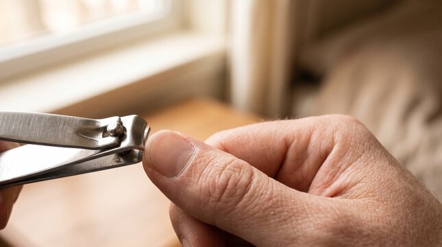 Person trimming fingernail with metal nail clippers in a well lit indoor home setting close up