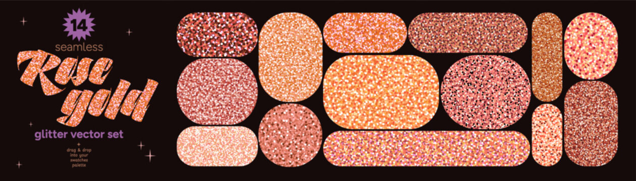 Rose gold glitter texture with seamless sparkle swatches in peach, coral and copper on black. Shiny sequin shimmer for elegant cards, glitter prints and invitations. Drag to swatches panel to use