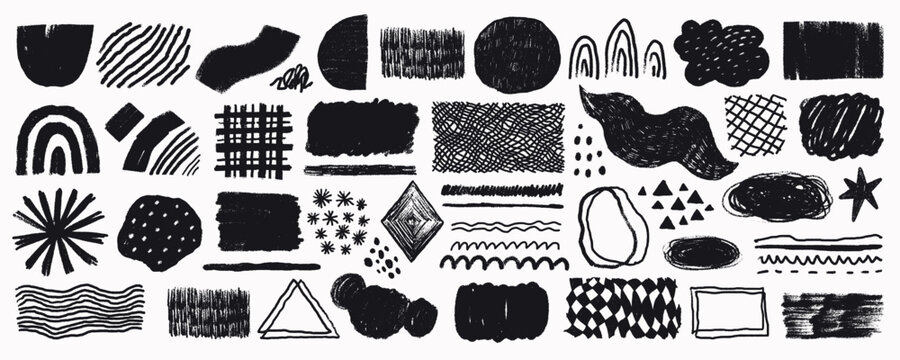 Grunge brush texture with hand drawn shapes. Rainbow, star and asterisk marks pair with crosshatch and diamond grid patterns