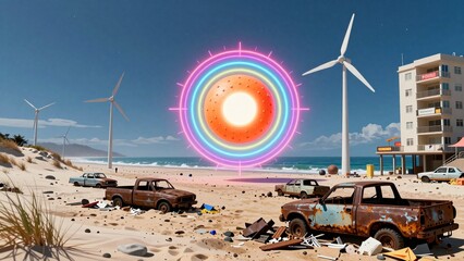 Fototapeta premium Beachscape with Abandoned Vehicles and Neon Portal Structure