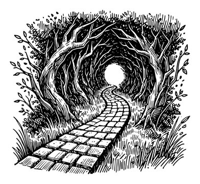 Winding stone path through an arching tree tunnel