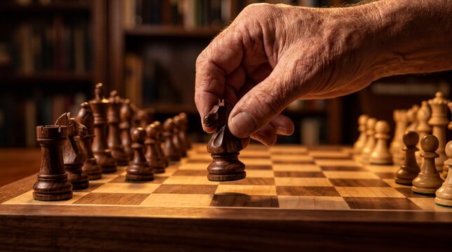 Tactical Chess Move, A focused player strategically hovers a wooden knight over a classic board