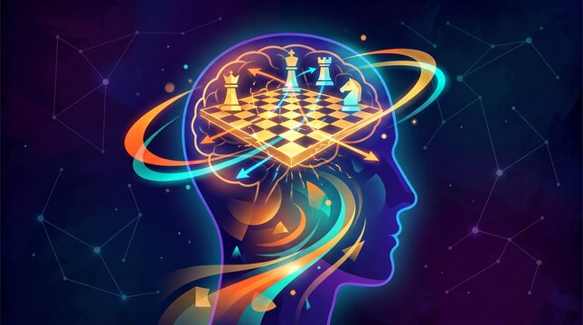 Strategic Mind, A stylized human head silhouette reveals a glowing golden chessboard within