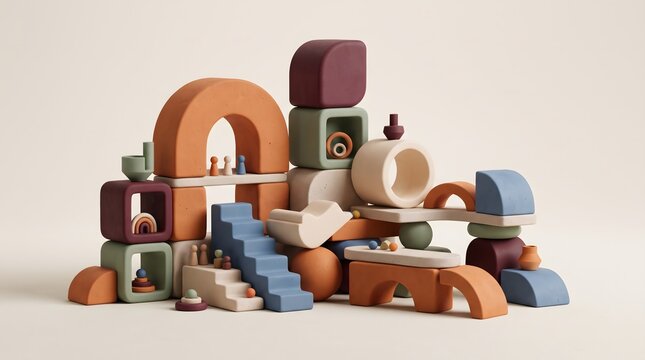 Generative AI 3D illustration of a playful modular architectural sculpture built from rounded geometric blocks and cylinders inspired by Dutch Design Week.