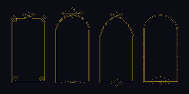 Set of four vertical frames with gold linear borders and geometric ornaments, isolated on a dark background, for luxury compositions