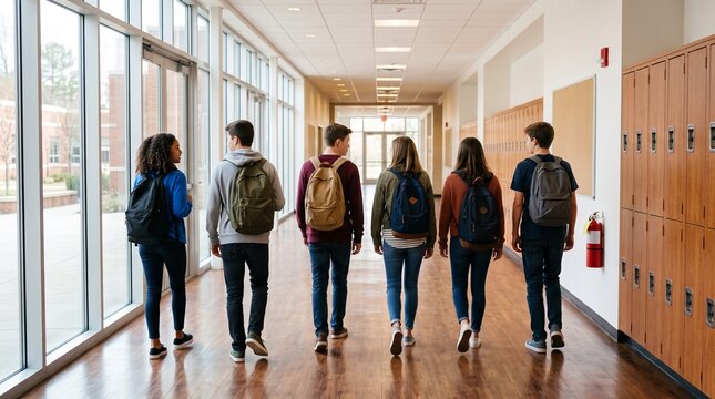Group of students walking together in a school hallway