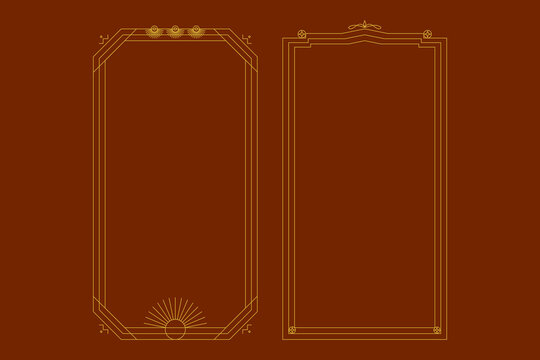 Two vertical deco style frames with gold linear details and geometric ornaments on a deep red background, for layouts
