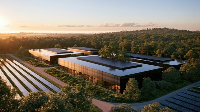 Contemporary data center architecture rises beside vast solar arrays at sunset