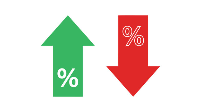 Percentage growth and decline symbols with green and red arrows percentage business economic statistics investment increase decrease calculation analysis performance comparison isolated