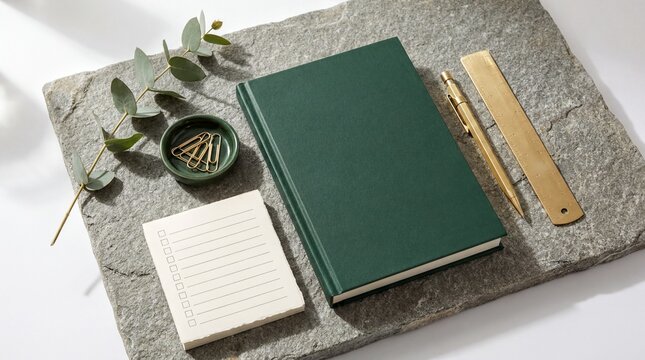 Minimalist stationery, A neatly arranged minimalist stationery set on a textured stone surface