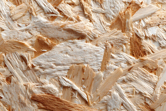 White particleboard, chipboard background with grainy texture of Medium Density Fiberboard (MDF), particle presses wooden panel, OSB Oriented strand board in light beige brown cream sepia color