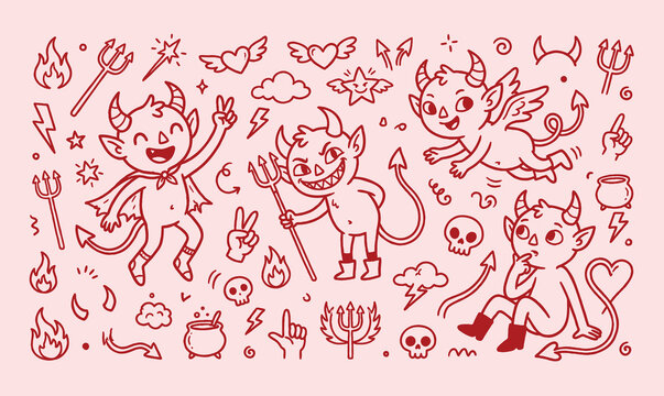 Red devil mascot character set with retro vintage cartoon demon horns and halloween doodles vector illustration