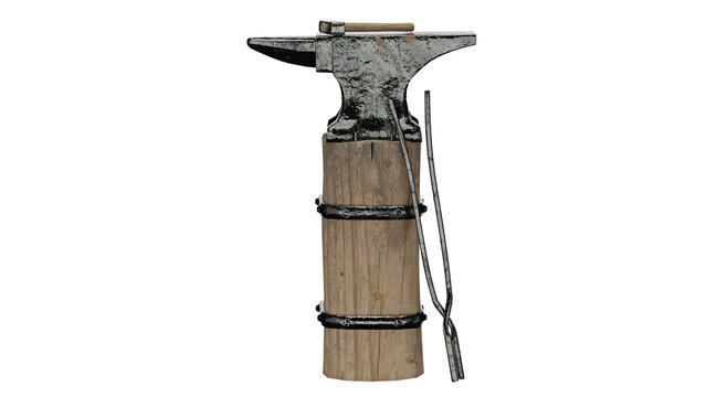 3d rendering blacksmith anvil on wooden stump with tools