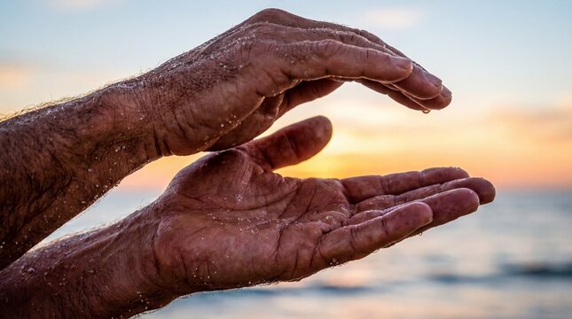 Ocean storyteller hands, Weathered hands gesture vividly to describe a massive hollow wave barrel