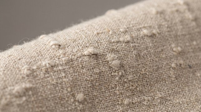 Textured beige linen fabric close up showing natural woven fibers with soft lighting and macro details