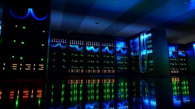 Server racks glow with blue and green indicator lights inside a dark data center, as the camera slowly shifts across illuminated cabinets, visible cables, reflective panels, and tiled ceiling
