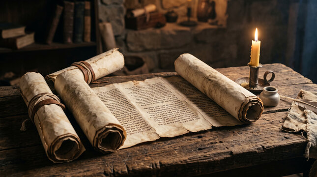 vintage religious study setting featuring old handwritten scriptures