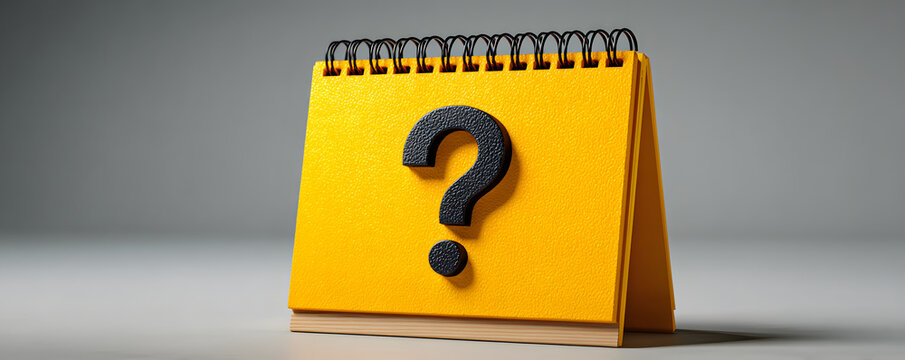 Minimalistic 3D illustration of yellow desk calendar featuring large question mark. Simple graphic design, isolated on white background, highlights time planning, scheduling uncertainty, meeting