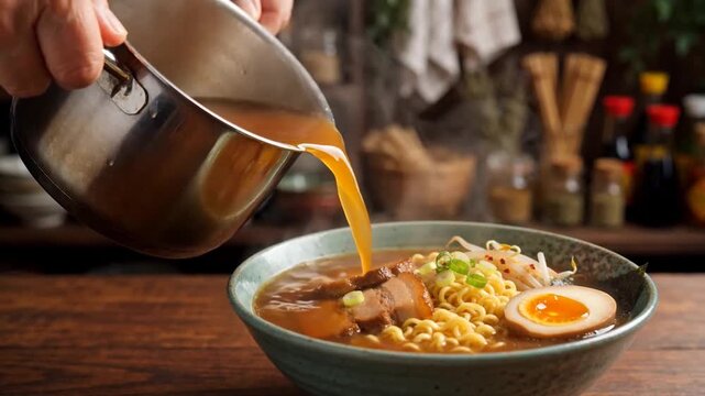 Pouring hot amber broth into a bowl of ramen noodles