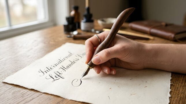 Person writing greeting with an oblique calligraphy pen for left hand on textured paper for international left-handers day concept at wooden desk