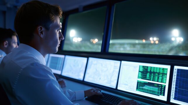 Security operator monitoring stadium surveillance screens at night