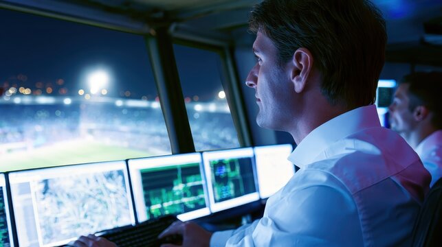 Security operator monitoring stadium surveillance screens at night