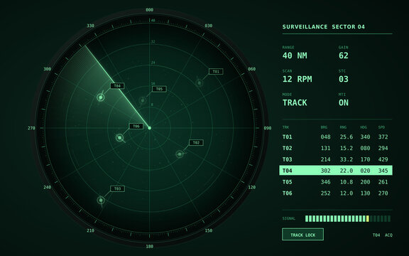 Green phosphor radar screen with sweep and track table