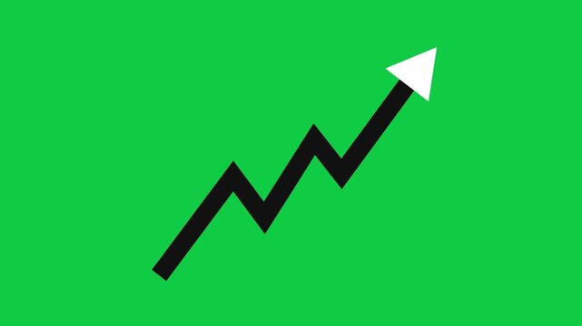 Cinematic Zoom Orbit Seamless Loop of Black jagged line graph with white arrow pointing upwards on a green background representing growth and success Animated for chroma keying and Motion Graphics