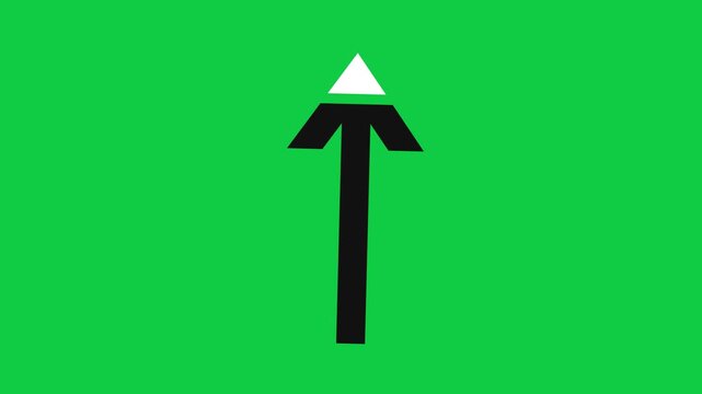 Cinematic Zoom Orbit Seamless Loop of Stylized black arrow pointing upwards with a white triangle tip on a vibrant green background Animated for chroma keying and Motion Graphics