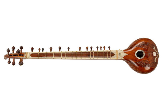 Traditional indian sitar musical instrument isolated on white