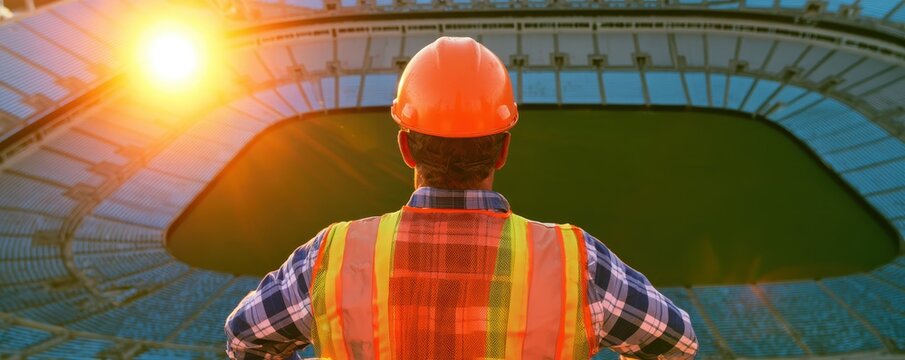 Construction worker looking at a stadium at sunset