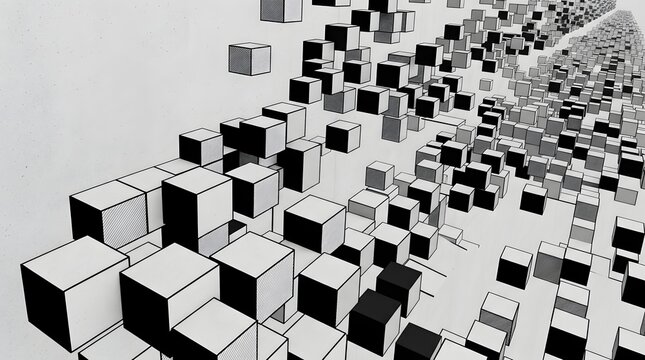 Abstract Isometric Black and White Cube Pattern Creating a Geometric 3D Pixel Landscape