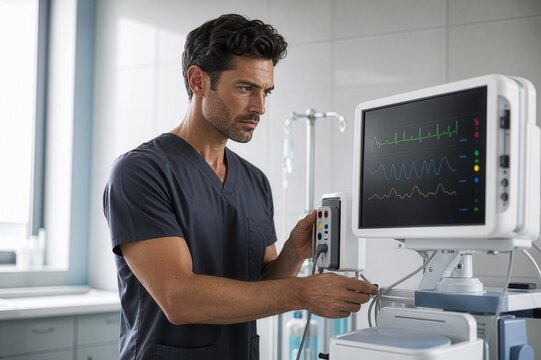 Biomedical technician inspecting a patient monitor for hospital equipment maintenance, calibration and medtech support concepts.