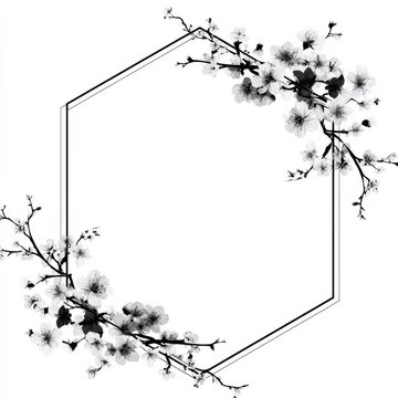 Cherry Blossom Hexagon Border on White
