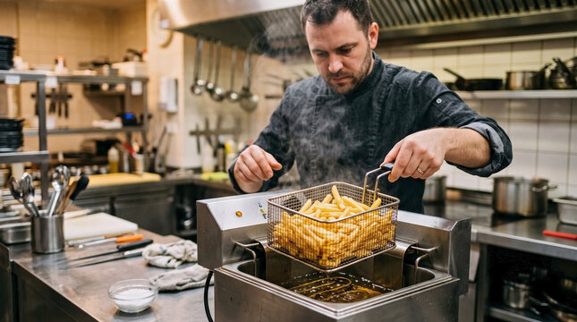 Professional chef lifting hot French fries from deep fryer in commercial kitchen for food service industry content, restaurant menus, culinary blogs, and hospitality business websites.