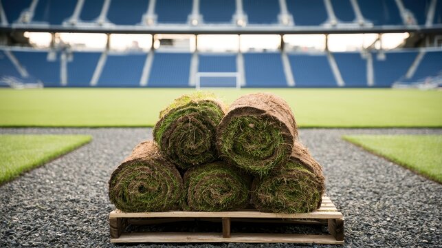 Rolls of sod on a wooden pallet at a stadium